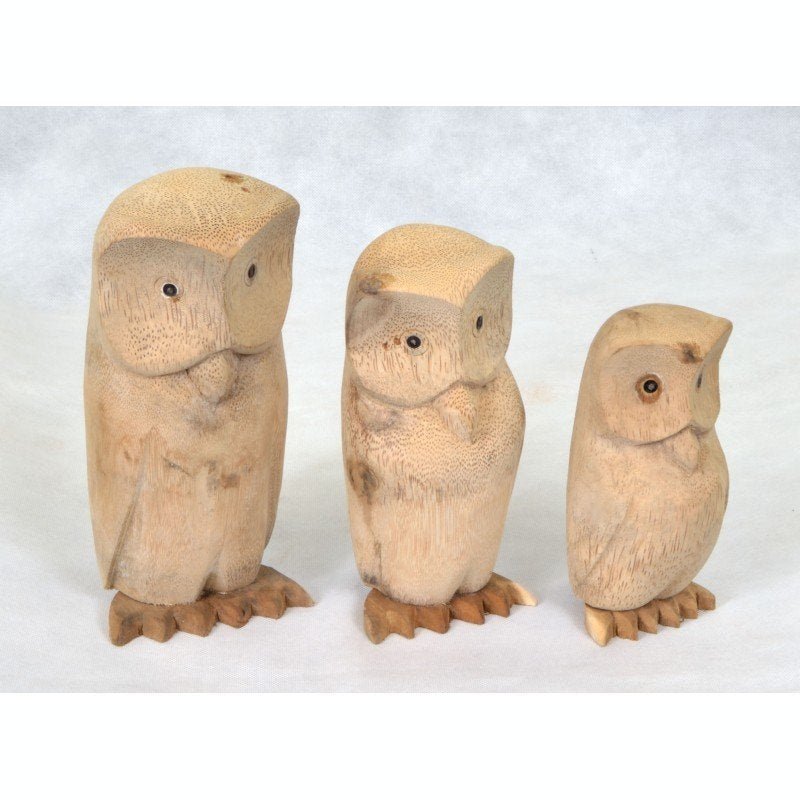 Set of 3 Natural Wood Owls