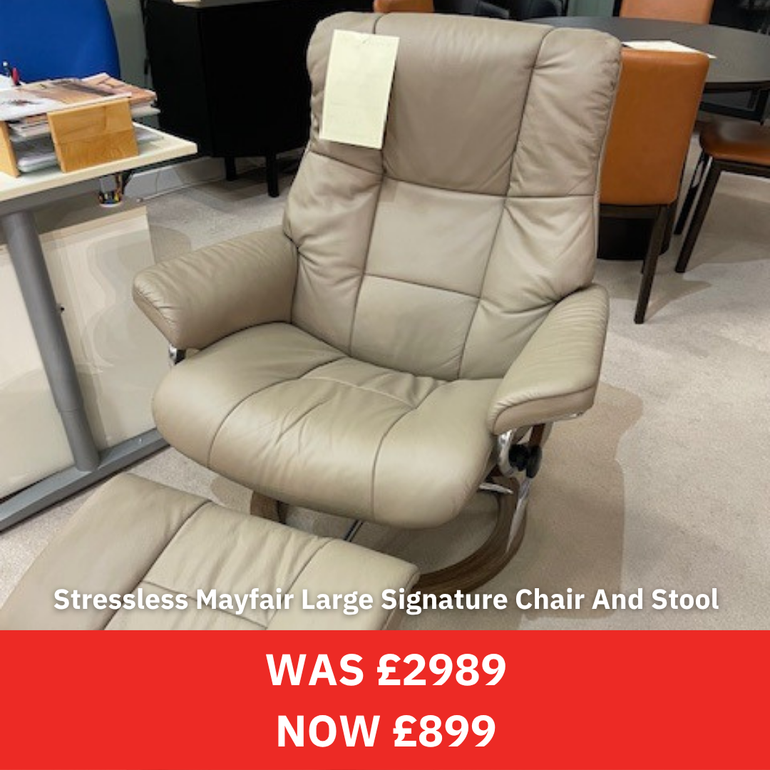 Beige recliner chair with ottoman in an office setting, promotional text overlay.