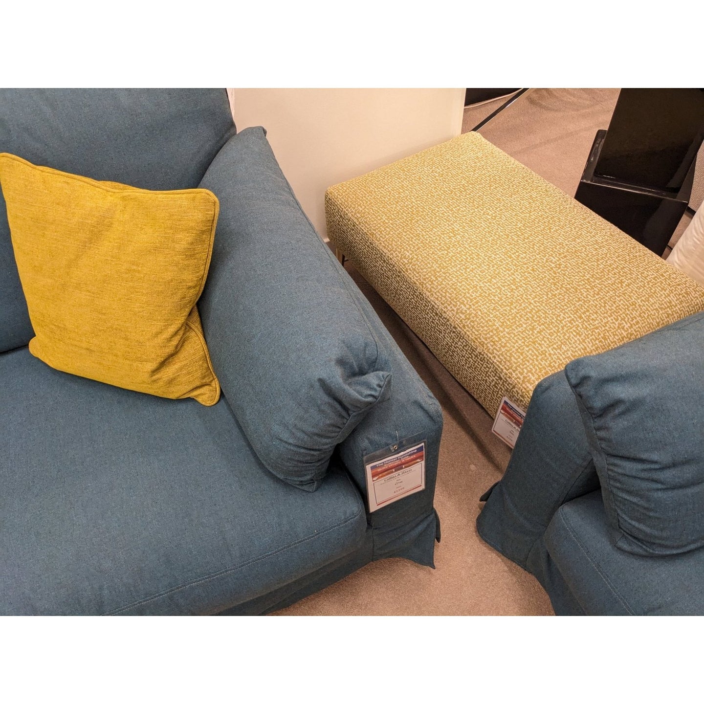 Collins and Hayes Medium sofa, Snuggler, armchair and Footstool - Hunter Furnishing