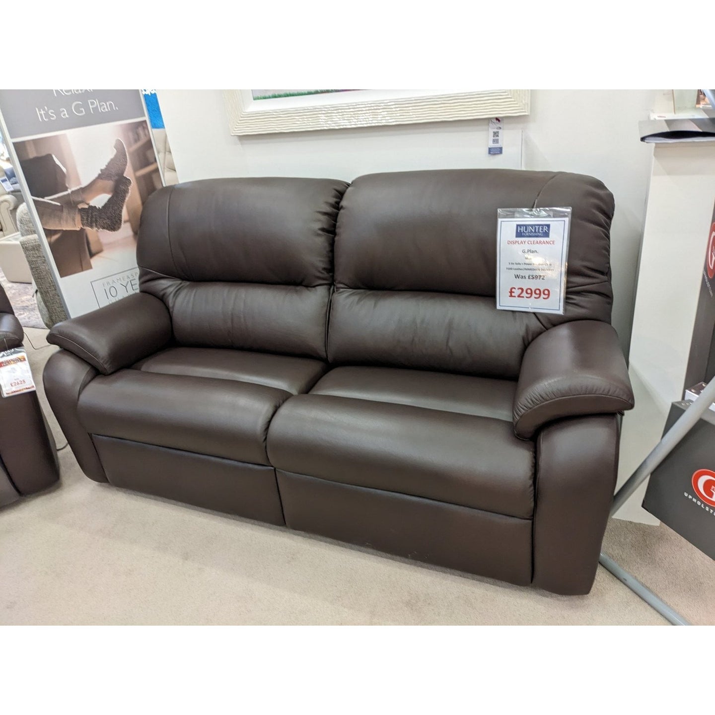 G-Plan Mistral 3 Seater Settee and Power Recliner Chair, In Capri Chocolate Leather - Hunter Furnishing