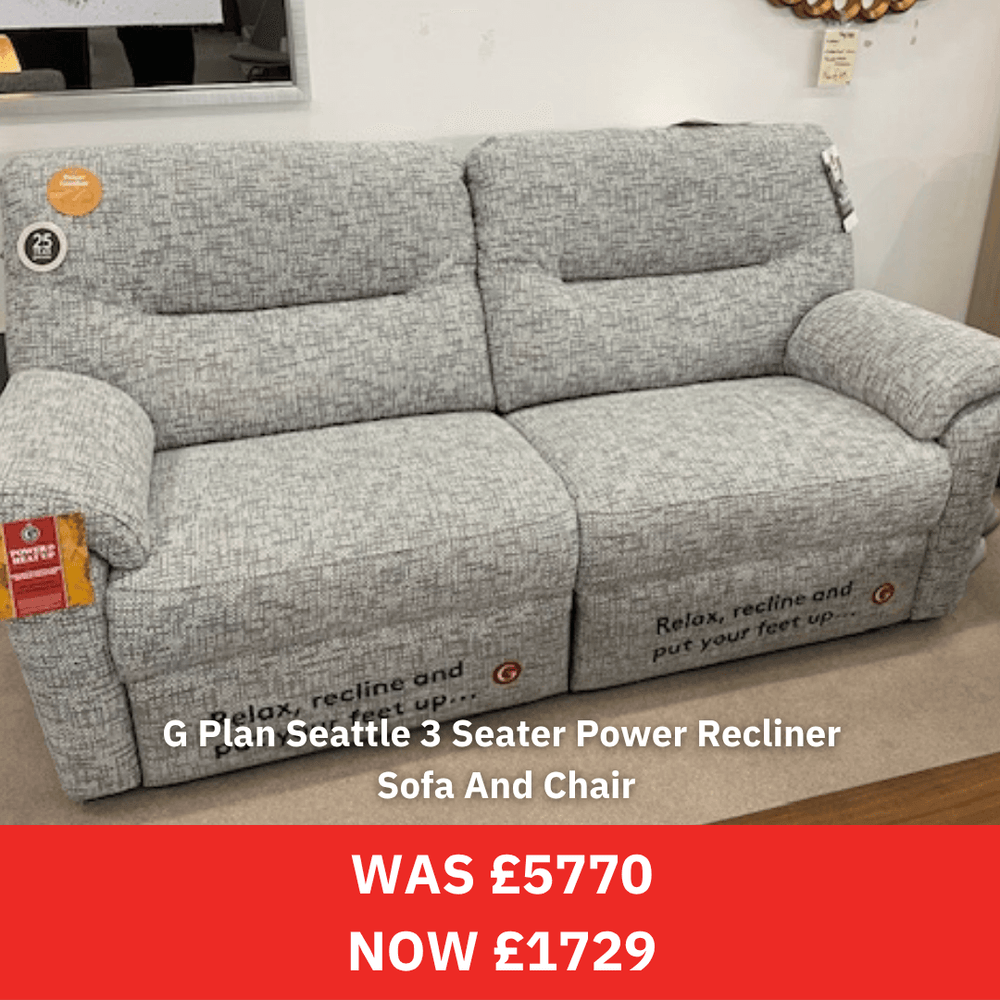 Gray G Plan sofa with recliner features and price tag, showing a discount.