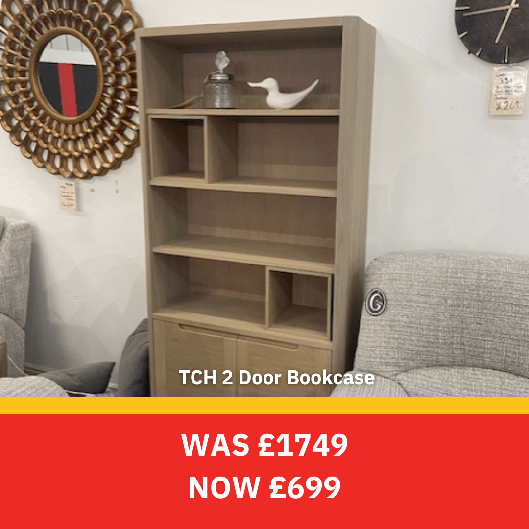TCH 2 Door Bookcase in a living room setting with price reduction text. Was £1749 now £699