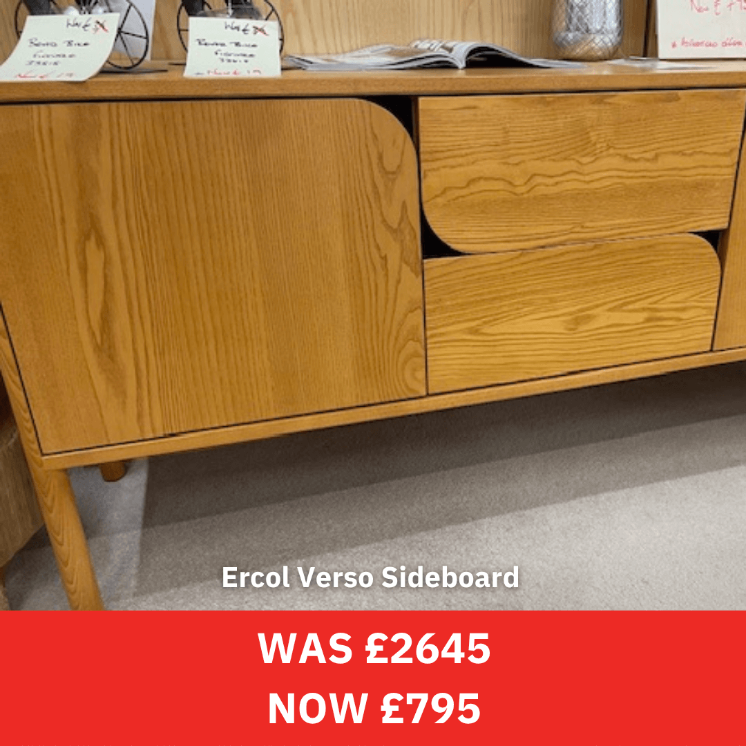 Ercol Wooden sideboard with a price tag indicating a discount.